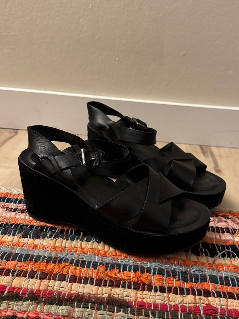 Black Kork-Ease Platform Wedge Sandals Leather Ankle Strap